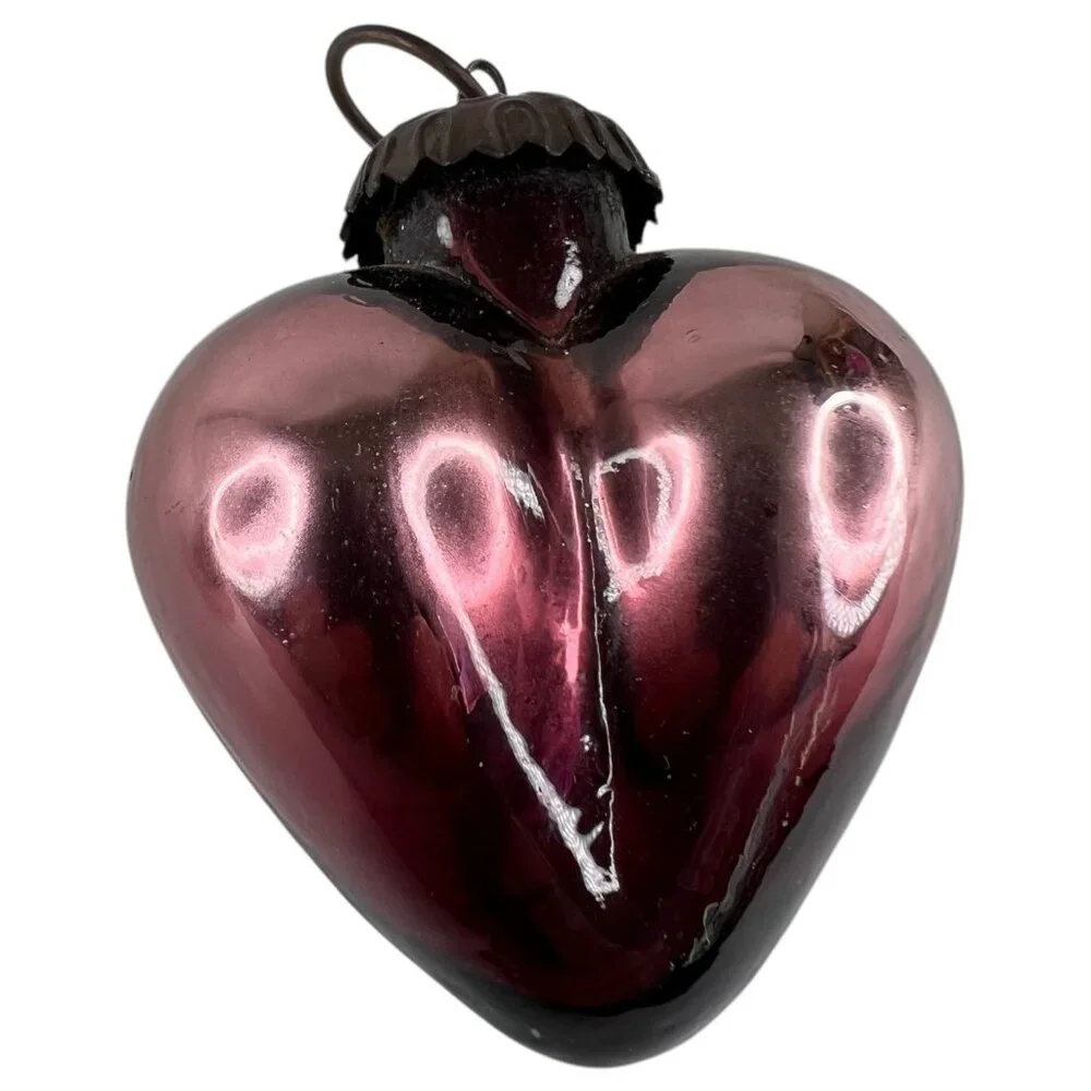 2 Modern Kugel Style Heart Shape Glass Christmas Ornament‎ Red Purple Metal Caps